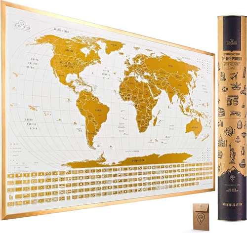 Travelization Mapa del mundo para raspar con 196 banderas de país, mapa de viaje enmarcada de 24 x 17 pulgadas con colores vibrantes y revestimiento