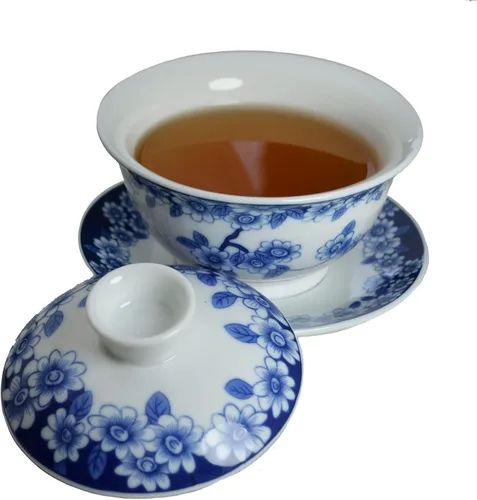Gaiwan - Juego de té chino de gongfu de 6 onzas, tazas de té de porcelana azul y blanca, taza de té de cerámica con sopera de cerámica, cuenco con