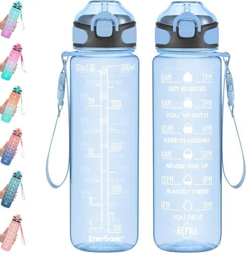 Miniatura 37 de Enerbone Botella de agua potable de 32 oz con tiempos para beber y popote, motivacional con correa para llevar, a prueba de fugas, sin BPA ni