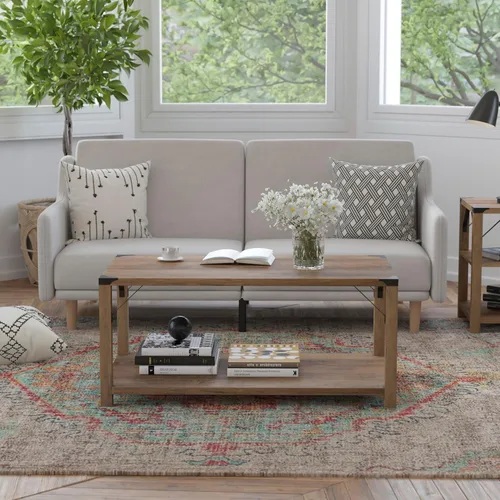 Miniatura 10 de BizChair Modern Farmhouse - Mesa auxiliar de 2 niveles, marco de madera de ingeniería gris Aspen, soportes laterales entrecruzados de metal negro