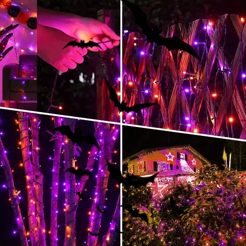 Miniatura 4 de weillsnow Luces de Halloween Moradas y Naranjas, 200 LED 66 Pies con Enchufe Luces de Cadena de Halloween Impermeables, 8 Modos con Memoria
