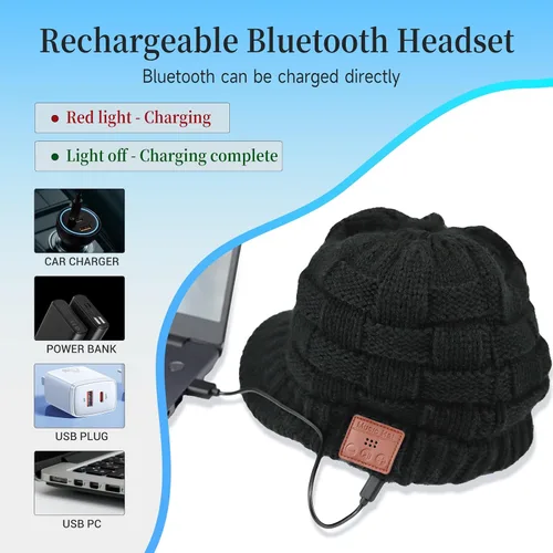 Miniatura 6 de Gorro Bluetooth para mujer con agujero para cola de caballo, gorro con auriculares integrado, micrófono integrado, regalos para mujer, W2-negro