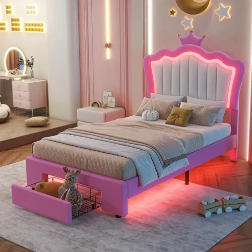 Miniatura 14 de Cama de plataforma tapizada de tamaño individual, marco de cama de plataforma de madera con cabecera en forma de corona, elementos de dibujos