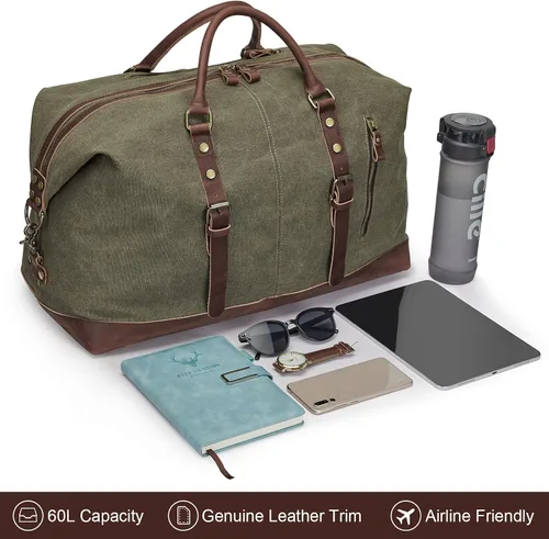 Miniatura 3 de S-ZONE - Bolsa de viaje de lona sobredimensionada con adornos de cuero genuino, bolsa deportiva de hombro de fin de semana, bolso de fin de semana