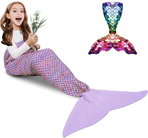 Miniatura 15 de AmyHomie Manta de cola de sirena, manta para niños, saco de dormir de sirena de ganchillo, regalo de sirena para niñas (azul claro, niños)