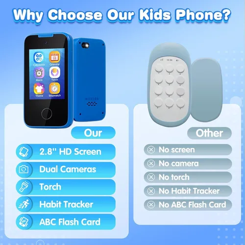 Miniatura 7 de Relojes de teléfono para niños y juguetes para niños de 3 a 8 años, teléfono de juguete con cámara doble, reproductor de música MP3, juegos, Azul