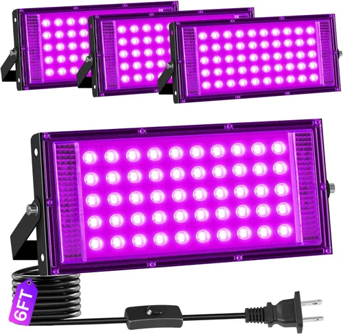 Paquete de 4 Reflectores LED de Luz Negra de 50W IP66 Impermeables, Reflector de Luz Negra para Exteriores con Interruptor+Cable de 6 Pies, Foco de