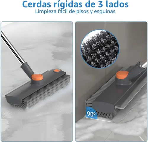 Miniatura 2 de Cepillo de fregar con mango largo, cepillo de fregar el piso con escobilla de goma para limpieza, escobilla de ducha 3 en 1 escoba de piso con Gris