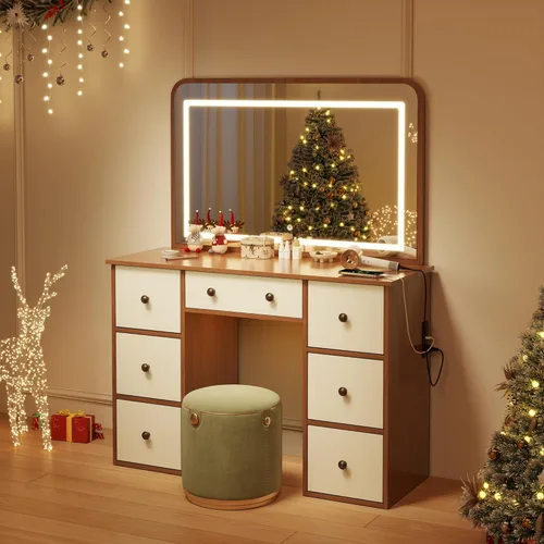 Miniatura 6 de wanan Escritorio de maquillaje con espejo y luces, mesa de tocador de madera con toma de corriente, escritorio de maquillaje con 7 cajones, tocador