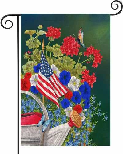 Miniatura 12 de Bandera de jardín con globos aerostáticos del 4 de julio, estrellas y rayas rojas azul marino, 12.5 x 18 pulgadas, bandera estadounidense de doble