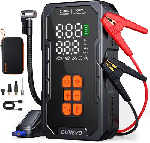 Arrancador de 2000 A con compresor de aire, arrancador de batería de automóvil portátil con inflador de neumáticos de apagado automático de 160 PSI,