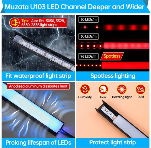 Miniatura 2 de Muzata Paquete de 10 canales LED de tamaño grande de 3.3 pies/3.3 ft, canal difusor de tira LED negro con cubierta difusora blanca esmerilada