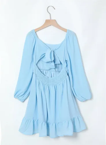 Miniatura 8 de blibean Vestido de manga larga con lazo en la espalda para niñas, vestido de otoño con hombros descubiertos, talla 6-15 años