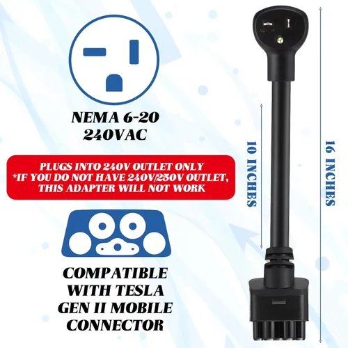 Miniatura 2 de Relaxweex Adaptador de 16 pulgadas 6-20 compatible con Tesla Gen 2 Cargador portátil portátil conecta el cargador móvil a 240V 6-20P tomacorriente a