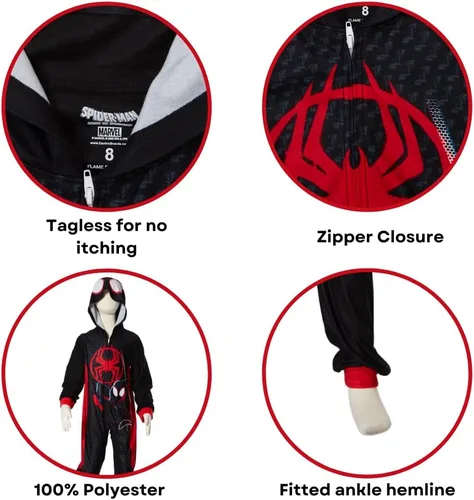 Miniatura 3 de Marvel Pijama de Spiderman para niños, disfraz de Spiderman con capucha de Miles Morales o para dormir con cremallera frontal, tallas 4-10