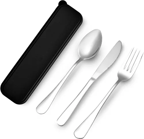 Miniatura 8 de Utensilios de viaje con estuche, juego de 4 cuchillos de acero inoxidable, cucharas y tenedores, juego de cubiertos reutilizables para camping