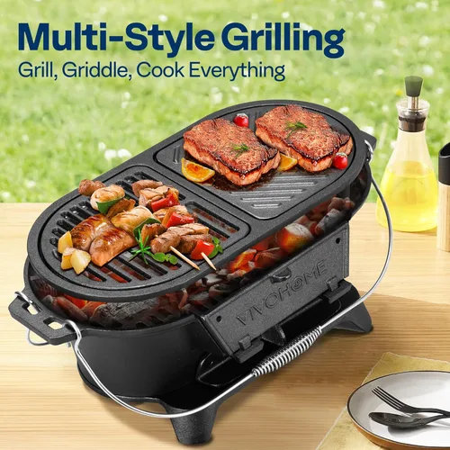 Miniatura 2 de VIVOHOME Parrilla ovalada de hierro fundido con rejillas intercambiables y plancha, 2 puertas de horno para control de calor, incluye guantes, póker