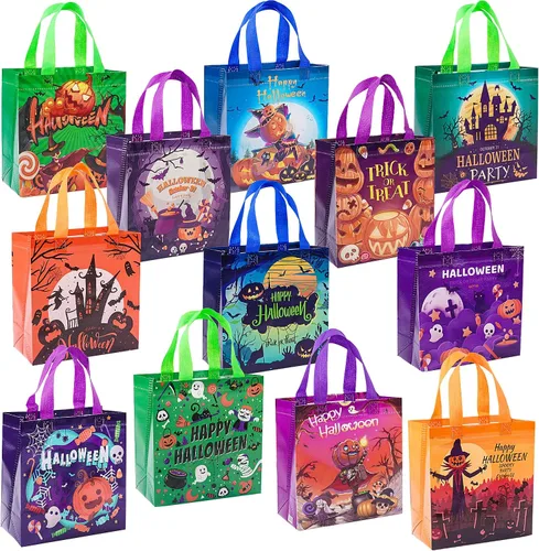 12 bolsas de Halloween para dulce o truco, bolsas de mano con asas para niños, bolsas de regalo reutilizables no tejidas de Halloween para envolver