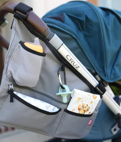 Nuby Organizador lateral de tela para cochecito: mantiene los elementos esenciales organizados, color gris