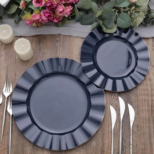 Miniatura 35 de Tableclothsfactory Paquete de 10 platos redondos de plástico negro de 6 pulgadas para ensalada de postre, platos desechables con borde ondulado
