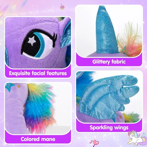 Miniatura 5 de Houwsbaby Peluche de unicornio con luz LED púrpura de 14 pulgadas, juguete de peluche de unicornio, juguete de peluche de caballo brillante, luz