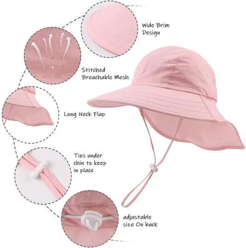 Miniatura 29 de Sombrero de verano para niños pequeños con solapa para el cuello, impermeable, sombrero de natación para niños, protección UV, sombrero de playa