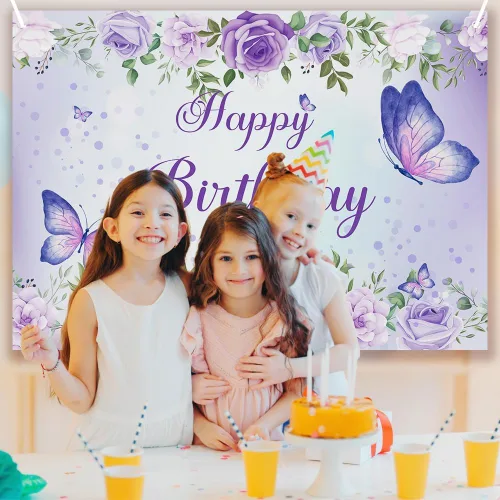 Miniatura 2 de Pancarta de cumpleaños de mariposa morada para mujeres y niñas (59 x 36 pulgadas), pancarta morada para decoración de feliz cumpleaños para mujeres