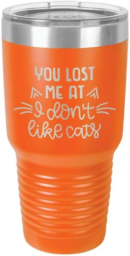Miniatura 12 de Taza de viaje de acero inoxidable grabada con pajita y tapa superior deslizante, con texto en inglés "You LOST ME AT I DON'T LIKE CATS" Púrpura claro
