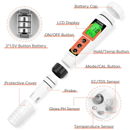 Miniatura 6 de Yinmik Medidor de pH, medidor digital 4 en 1 de pH EC TDS Temp para agua hidropónica, probador de agua impermeable DWC de pH y EC PPM con Probador