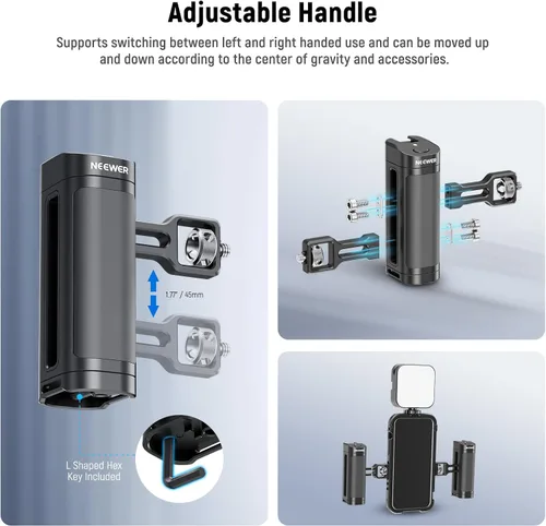 Miniatura 5 de NEEWER - Empuñadura lateral con botón de control remoto inalámbrico y disparador de obturador para jaula de video de smartphone, 2 adaptadores