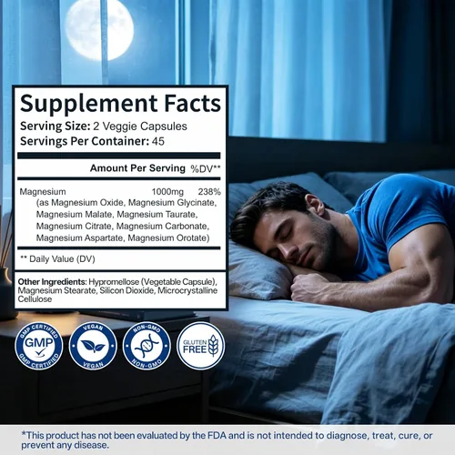 Miniatura 2 de Complejo de magnesio 8 en 1 de 1000 mg para mujeres y hombres - Suplemento de magnesio altamente absorbible que apoya la relajación muscular