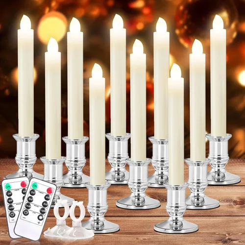 Verdenu Paquete de 10 velas de Navidad para ventana con temporizador remoto, velas LED eléctricas a pilas con soporte/ventosas para decoraciones