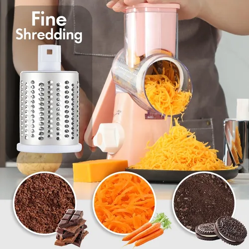 Miniatura 3 de Rallador de queso giratorio con mango, rebanador de mandolina redondo de velocidad para cocina, triturador manual de verduras multifuncional 3 en 1
