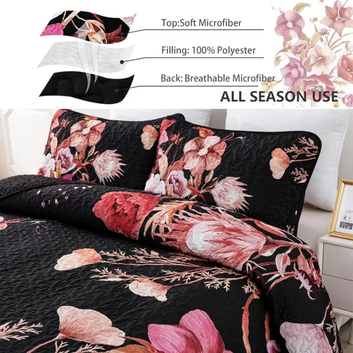 Miniatura 5 de Juego de colcha floral tamaño Queen de 3 piezas, juego de colcha con estampado floral rojo suave de microfibra ligera, cubrecama acolchado negro