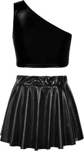 Miniatura 2 de Traje de baile de jazz de hip hop metálico brillante para niñas y niñas, top corto de un solo hombro con falda falda plisada