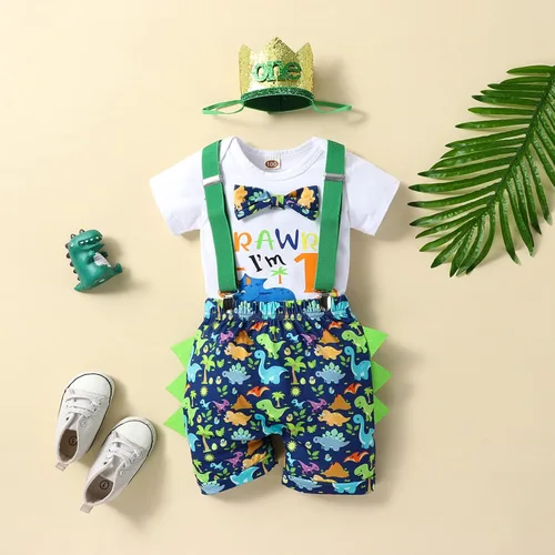 Miniatura 32 de Ropa divertida para el primer cumpleaños para bebé, ropa para bebé, con corbatín, mameluco, pantalones, conjunto de tirantes, trajes de pastel