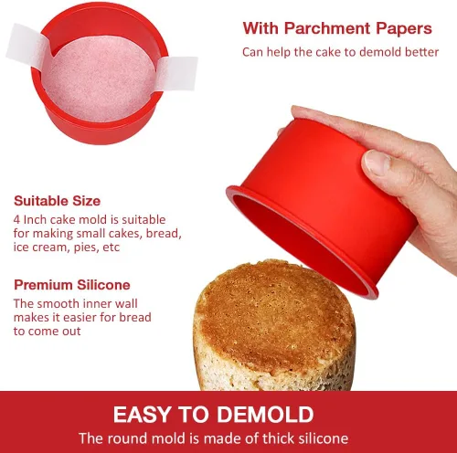 Miniatura 4 de Alimat PluS Molde redondo de silicona para tartas de 4 pulgadas, paquete de 5 mini moldes para pasteles con 100 piezas de papel pergamino, moldes