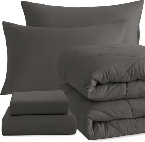 Miniatura 21 de NTBAY Juego de edredón Twin con sábanas, juego de ropa de cama Twin suave y transpirable de 5 piezas, cama Twin en una bolsa, juego de edredón Gris