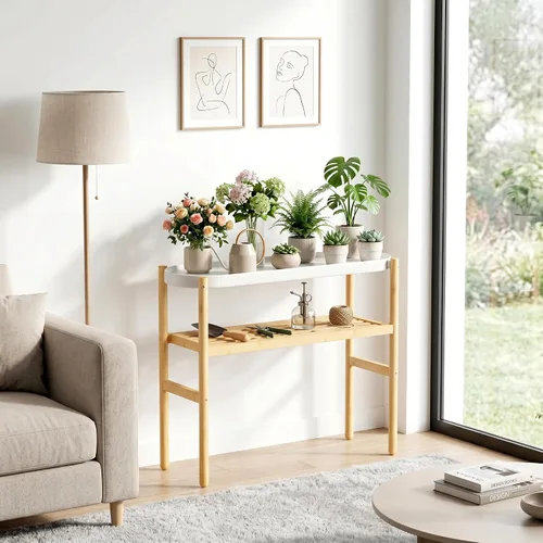 Miniatura 7 de Estantería de bambú Wisuce para interiores, mesa de 2 niveles de altura para ventana, soporte para múltiples plantas..