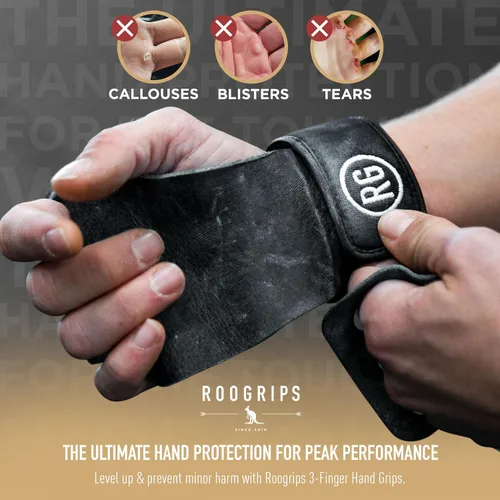 Miniatura 2 de RooGrips Empuñaduras de cuero de alta calidad de 3 dedos para barras de gimnasia, entrenamiento cruzado, gimnasio y entrenamientos en casa, barras