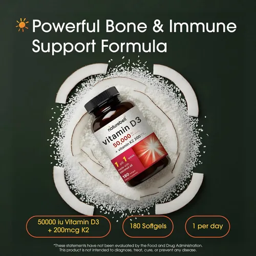 Miniatura 2 de NatureBell Vitamina D3 50,000 UI con Vitamina K2-180 Cápsulas blandas – Apoyo óseo e inmunológico de alta potencia* – Fácil absorción con aceite