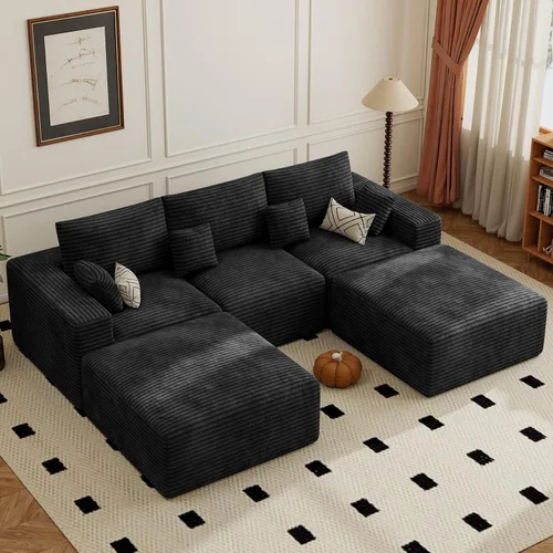 Miniatura 10 de Sofá cama seccional modular de 113", sofás de nube convertibles para sala de estar con otomana, juego de sofá cama de pana sin estructura de 6 Gris