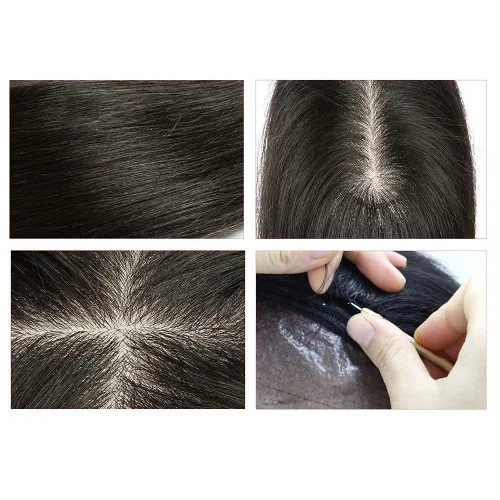 Miniatura 5 de RemeeHi Cabello humano atado a mano/base de seda recto Topper corto 4.7x5.5 in clip en el postizo invisible Wiglet Toupee Natural Negro 9.8 in/10
