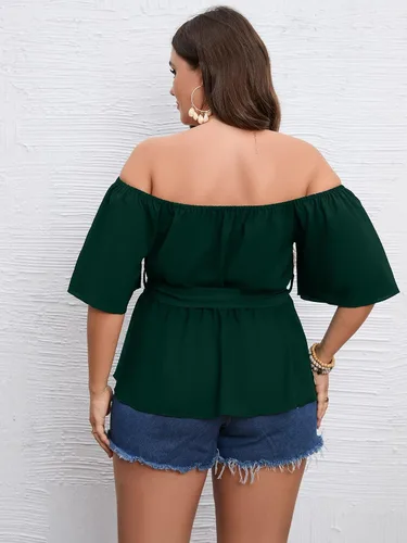 Miniatura 6 de SCOMCHIC Blusa peplum con hombros descubiertos para mujer, talla grande, media manga acampanada, cintura con lazo en la cintura, dobladillo