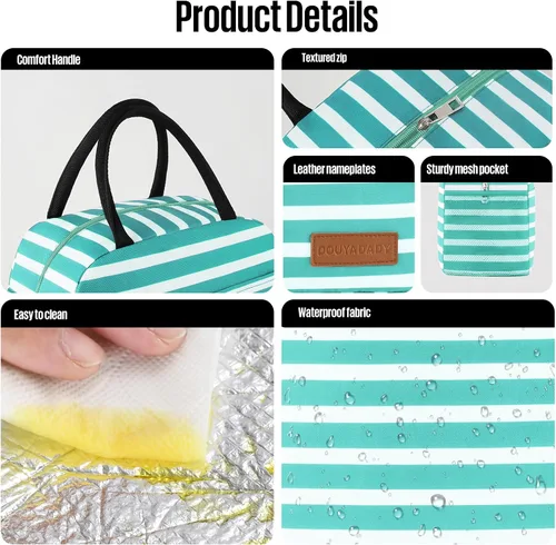Miniatura 4 de douyadady Bolsa de almuerzo para mujeres/hombres, fiambrera mujeres/hombres (azul bebé+rayas blancas)