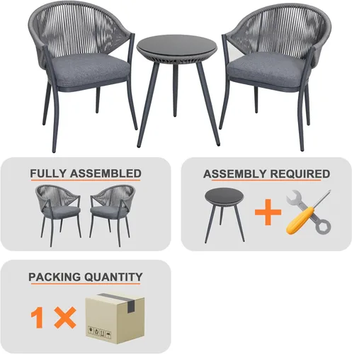 Miniatura 5 de NUU GARDEN Juego de 3 piezas de bistró para exteriores, juego de patio de conversación de cuerda tejida, muebles de aluminio para todo tipo de Gris