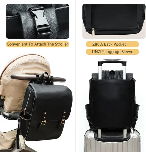 Miniatura 6 de miss fong Bolsa de pañales de cuero para mamá y papá con 12 bolsillos, cambiador de pañales y 4 bolsillos aislados, color negro oscuro