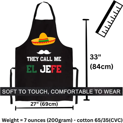 Miniatura 3 de They Call Me El Jefe - Delantal de cocina estilo mexicano, negro, talla única para todos los hombres y mujeres