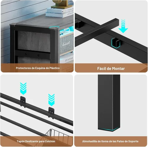 Miniatura 8 de Hasuit - Base de cama esquinera de tamaño matrimonial con cajones de almacenamiento y cabecera con estantería, plataforma de metal, estación