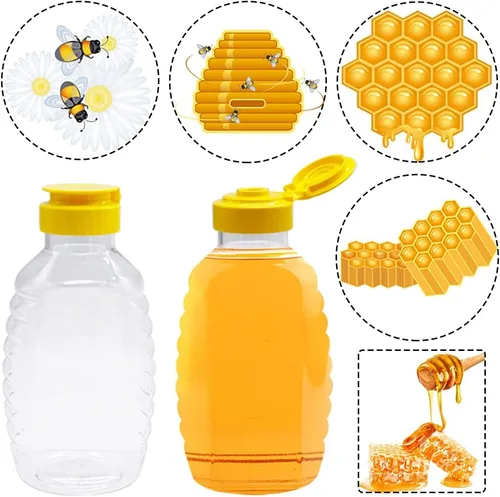 Miniatura 4 de Qinsihwn Paquete de 8 botellas de miel de plástico transparente de 16 onzas, contenedor de miel recargable de grado alimenticio, botella de miel